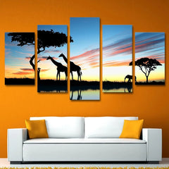 African Animal Giraffe Elephant Sunset Wall Art Decor Canvas Printing