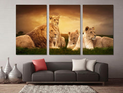 African Lions Family In the Field Wall Art Decor Canvas Printing