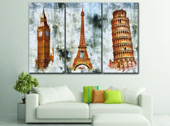 Ancient Eiffel & Pisa Towers & Big Ben London Wall Art Decor Canvas Printing