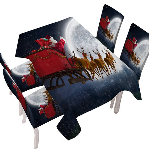 Christmas Santa and Deer Flying To The Moon Waterproof Rectangular Dinner TableCloth by Ismot Esha