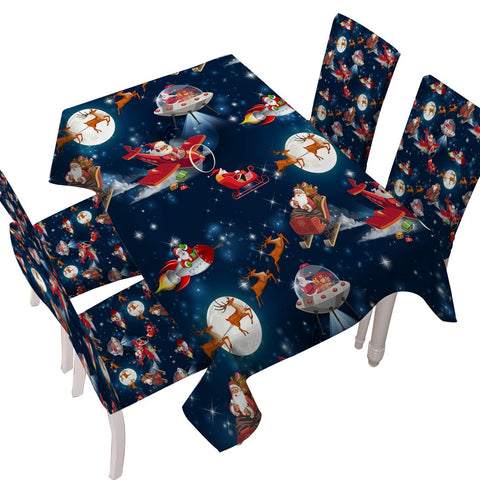 Christmas Spaceship Waterproof Rectangular Dinner TableCloth