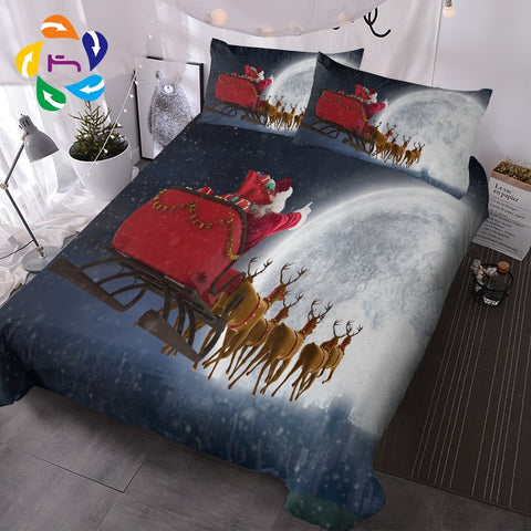 Christmas Santa Claus With Deer Flying To The Moon Bedding Cover Set