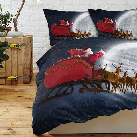 Christmas Santa Claus With Deer Flying To The Moon Bedding Cover Set