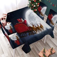 Christmas Santa and Deer Flying To The Moon Waterproof Rectangular Dinner TableCloth by Ismot Esha