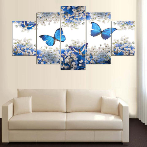Blue Butterfly White Flower Wall Art Canvas Print Decor - CozyArtDecor