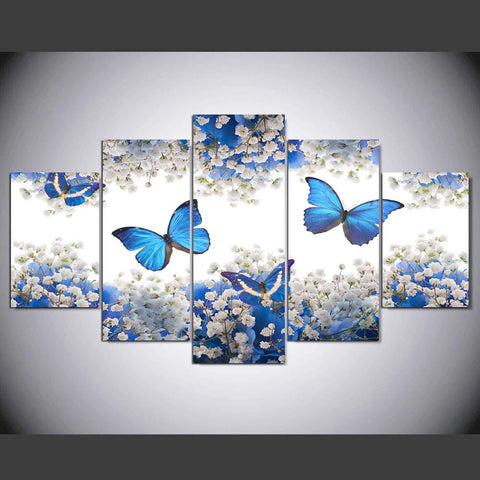 Blue Butterfly White Flower Wall Art Canvas Print Decor - CozyArtDecor