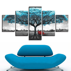 Blue Big Tree Red Chair Abstract Wall Art Decor