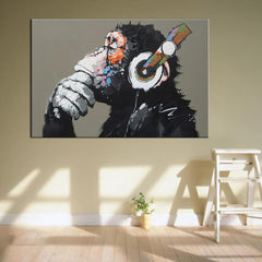Funny Thinking Monkey With Headphone Wall Art Decor