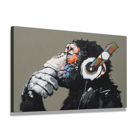Funny Thinking Monkey With Headphone Wall Art Decor - CozyArtDecor