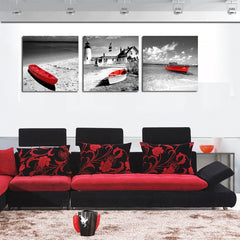 Black-White Beach Red Boats Wall Art Decor