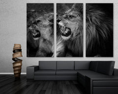 Black-White Roaring Couple Lion Wall Art Decor Canvas Printing