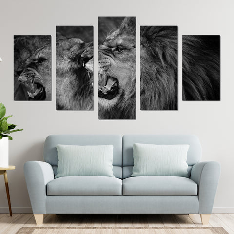 Black-White Roaring Couple Lion Wall Art Decor Canvas Printing