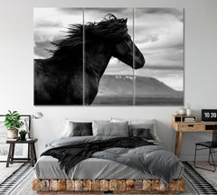 Black Wild Horse Wall Art Decor Canvas Printing-3Panels