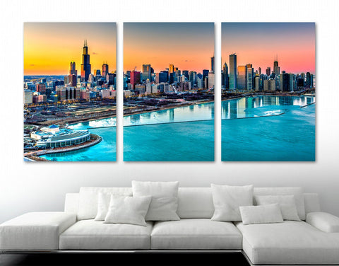 Chicago Skyline Harbor Sunset Wall Art Decor Canvas Printing