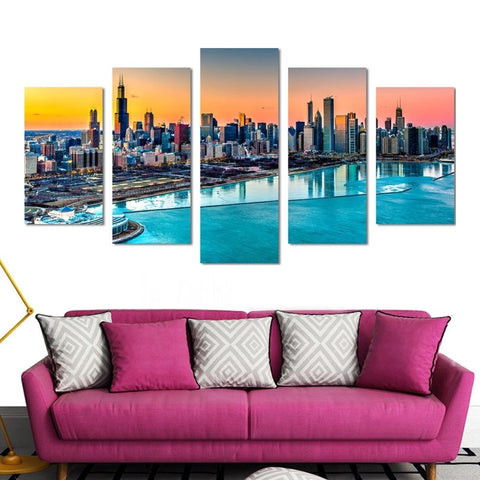 Chicago Skyline Harbor Sunset Wall Art Decor Canvas Printing