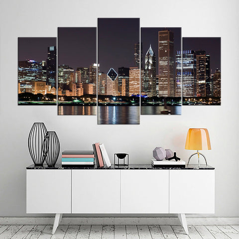 Downtown Chicago by Night Lake Michigan Wall Art Decor Canvas Printing