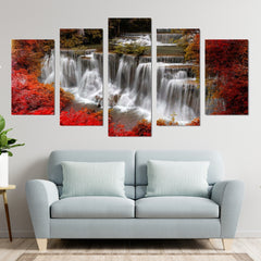 Forest Waterfall Red Trees Nature Wall Art Decor Canvas Printing