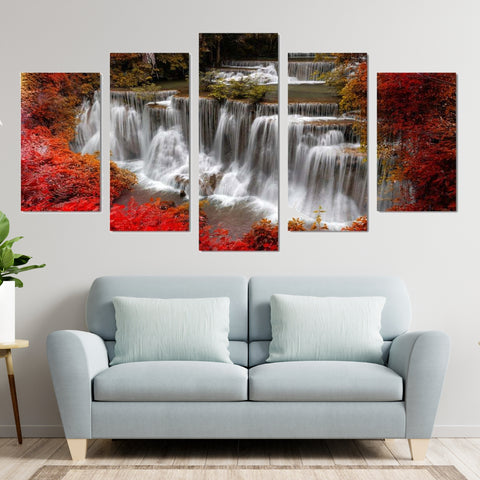 Forest Waterfall Red Trees Nature Wall Art Decor Canvas Printing