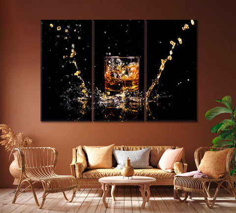 Glass of Whiskey with Splash Wall Art Decor Canvas Printing-3Panels