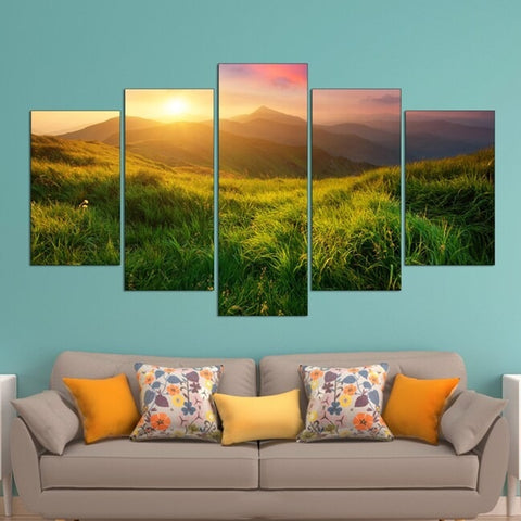 Grassy Valley Sunrise Field Wall Art Decor Canvas Printing