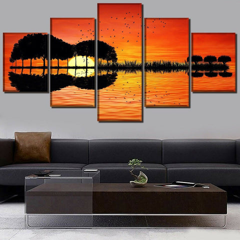 Guitar Island Tree Lake Sunset Reflection Wall Art Decor Canvas Printing