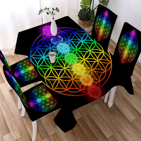 Chakra Zen Black Theme Colorful Flower of Life Waterproof Rectangular Dinner Tablecloth