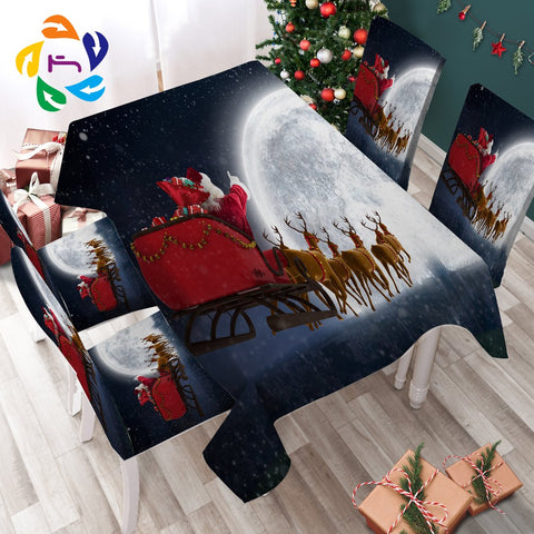 Christmas Santa and Deer Flying To The Moon Waterproof Rectangular Dinner TableCloth by Ismot Esha