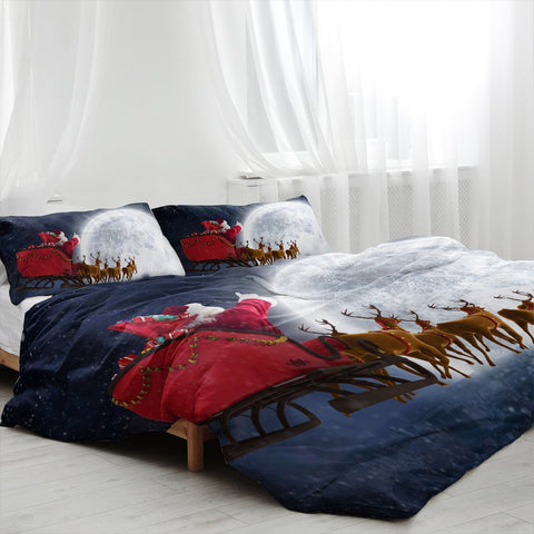 Christmas Santa Claus With Deer Flying To The Moon Bedding Cover Set