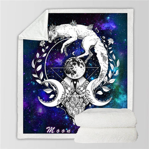 Moon Child By Pixie Cold Art Bed Throw Blankets Wolf Galaxy Plush Bedspread