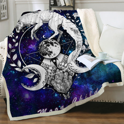 Moon Child By Pixie Cold Art Bed Throw Blankets Wolf Galaxy Plush Bedspread