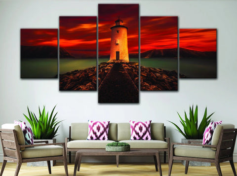 Lighthouse Red Sky Night Wall Art Decor Canvas Printing