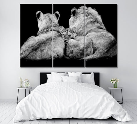 Lion Family in Black And White Wall Art Decor Canvas Printing-3Panels