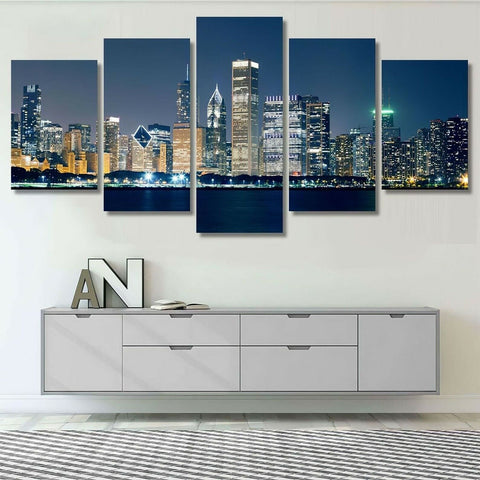 Night View Chicago Skyline Wall Art Decor Canvas Printing