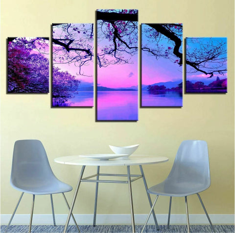 Purple Sunset Trees Lake Wall Art Decor Canvas Printing