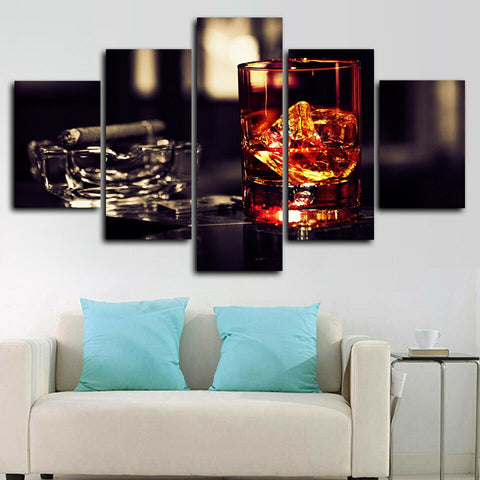 Whiskey Cigar Smoking Ice Rocks Wall Art Decor Canvas Printing