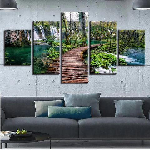 Wooden Bridge Waterfall Nature Forest Wall Art Decor Canvas Printing