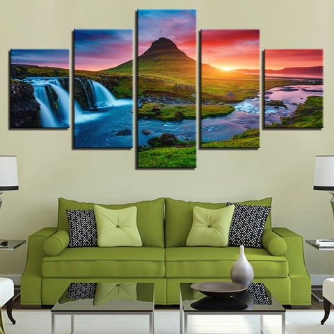 Iceland Waterfall Green Mountain River Wall Art Decor - CozyArtDecor