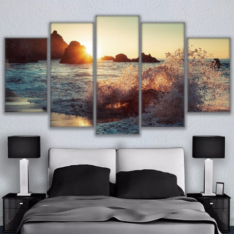 Beautiful Rocky Beach Wave Sunset Wall Art Decor Canvas Print - CozyArtDecor