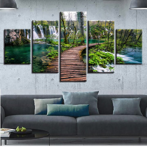 Waterfall Green Tree Natural Wooden Bridge Wall Art Decor - CozyArtDecor