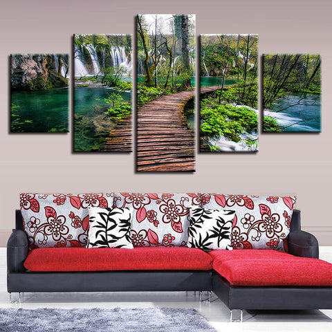 Waterfall Green Tree Natural Wooden Bridge Wall Art Decor - CozyArtDecor