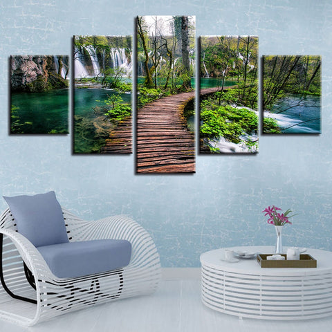 Waterfall Green Tree Natural Wooden Bridge Wall Art Decor - CozyArtDecor