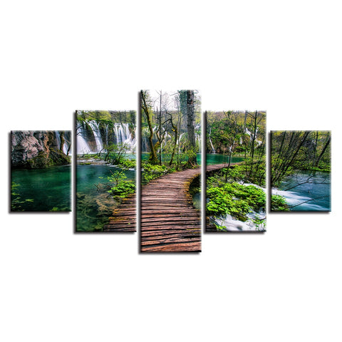 Waterfall Green Tree Natural Wooden Bridge Wall Art Decor - CozyArtDecor