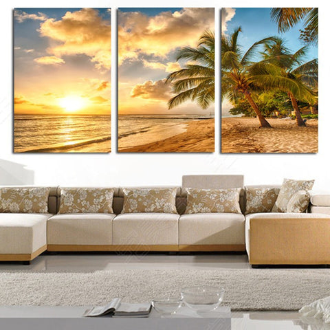 Sunset Dusk Beach Wave Coconut Trees Wall Art Decor - CozyArtDecor