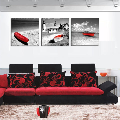 Black-White Beach Red Boats Wall Art Decor - CozyArtDecor