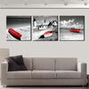 Image of Black-White Beach Red Boats Wall Art Decor - CozyArtDecor